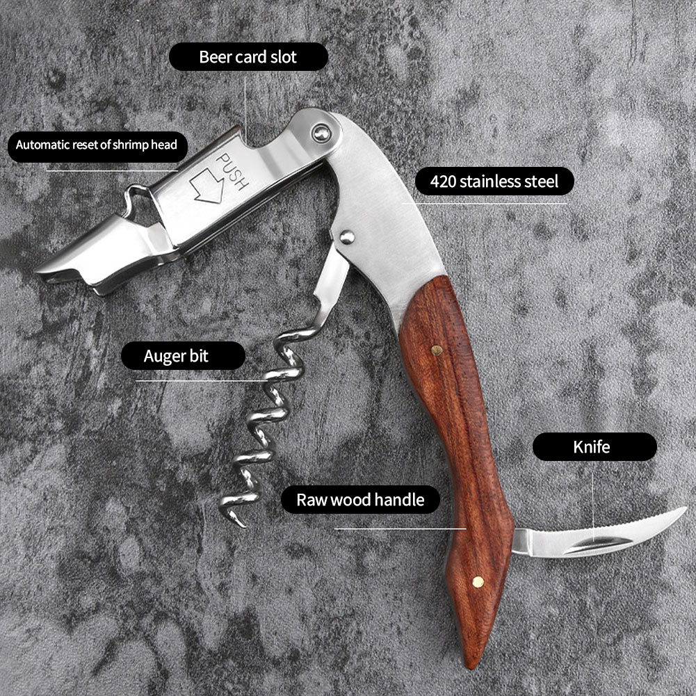 Wijnopener van roestvrij staal, kelnerskurkentrekker, leren etui, bierflesopener en foliesnijder voor wijnliefhebbers