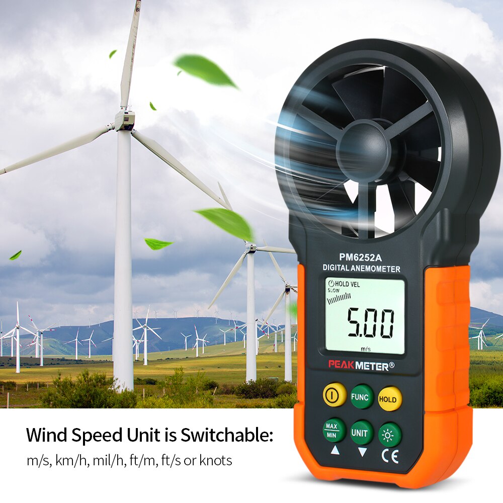 PEAKMETER PM6252A Portable Handheld Anemometer Wind Speed Meter CFM Meter Wind Gauges Air Flow Thermometer with LCD Backlight