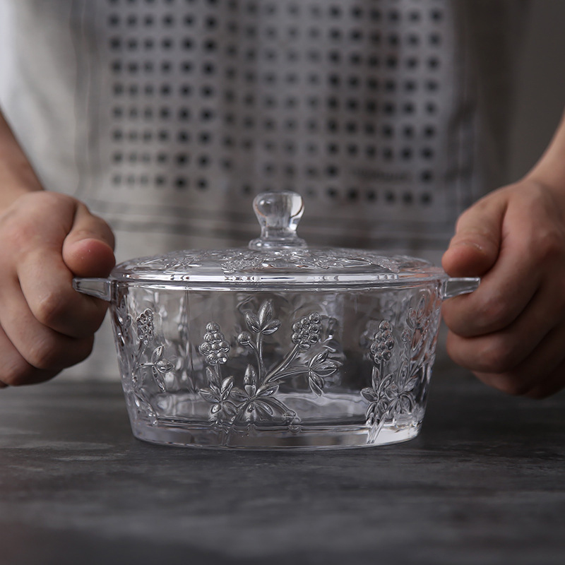 Bol à soupe en verre coloré, avec couvercle de bassin, relief Vintage sculpté, vaisselle en verre coloré de 700ml