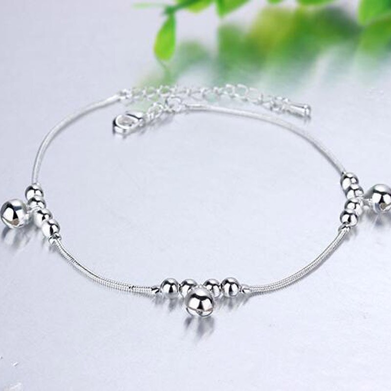 925 Silver Chain Anklets for Women Party Bead Bell Ankle Bracelet Foot Jewelry Girl Best