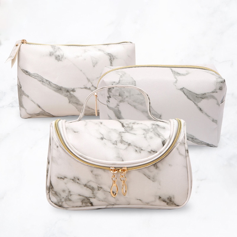 bolso de cosméticos Simple de mármol blanco de la cremallera bolsa de maquillaje de las mujeres de belleza portátil Sr. & Sra. pareja aniversario viaje suyo y suya de chica bolsa Necessarie