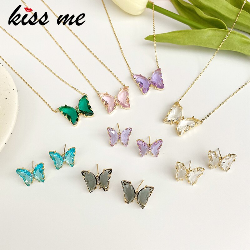 Kissme prachtige veelkleurige glazen vlinder sieradenset voor vrouwen, goudkleurige messing insectenoorbellen, kettingen en ringen