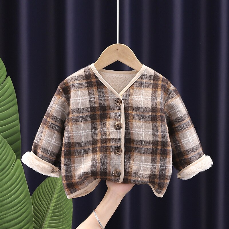 2021 inverno nuovi ragazzi e ragazze moda interna in pile plaid cappotti bambini spessi caldi giacche di lana casual: Brown / 120cm