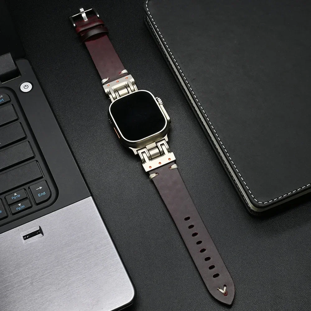 Bracelet de sport en cuir pour Apple Watch, Titanium Document Men Strap, IWatch Series 9 8 7 6 5 4 Se Ultra 2 Correa, 49mm, 45mm, 44mm, 42mm: Noir Antique