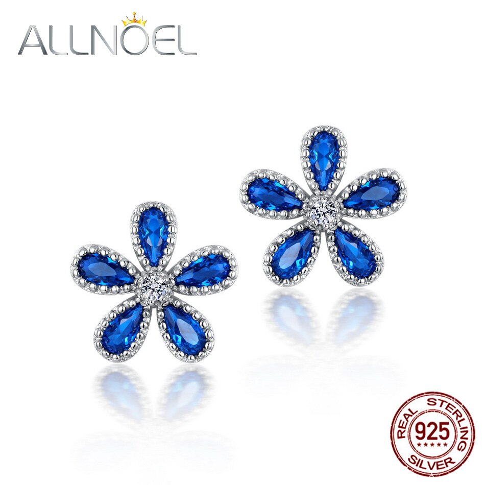 ALLNOEL 925 Orecchini In Argento Sterling Per Le Donne Colorato Zircone Fiore Blu Orecchini Coppia di Fidanzamento di Cerimonia Nuziale Bella Gioielli