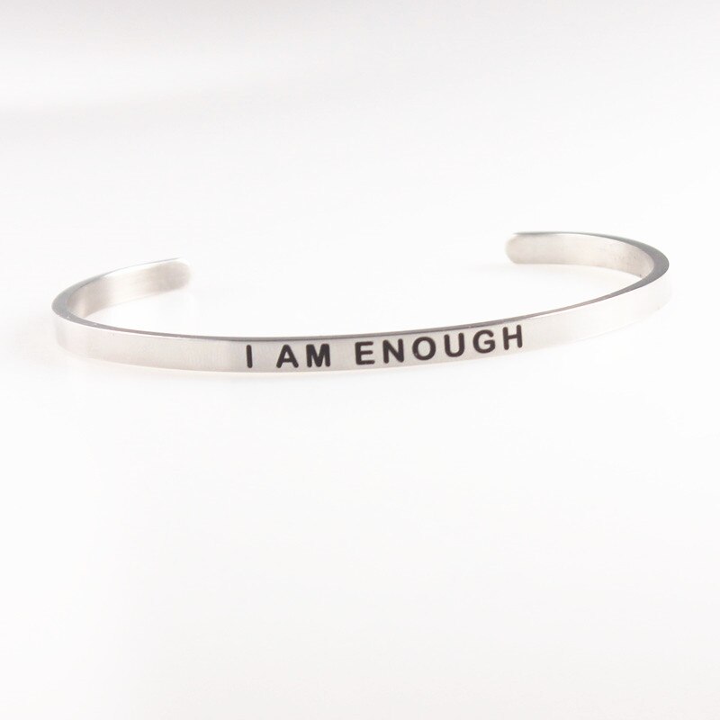 BE HERE NOW Stamped Stainless Steel Bangles Open Cuff Bracelets Women Men Mantra Bracelet Inspirational Jewelry No FADE: I AM ENOUGH