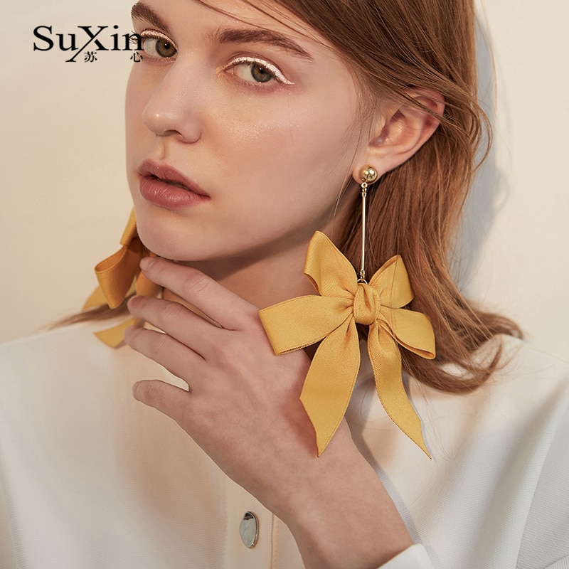 SuXin boucles d'oreilles simple papillon noeud tempérament boucles d'oreilles pour les femmes long ruban pendentif boucles d'oreilles bijoux