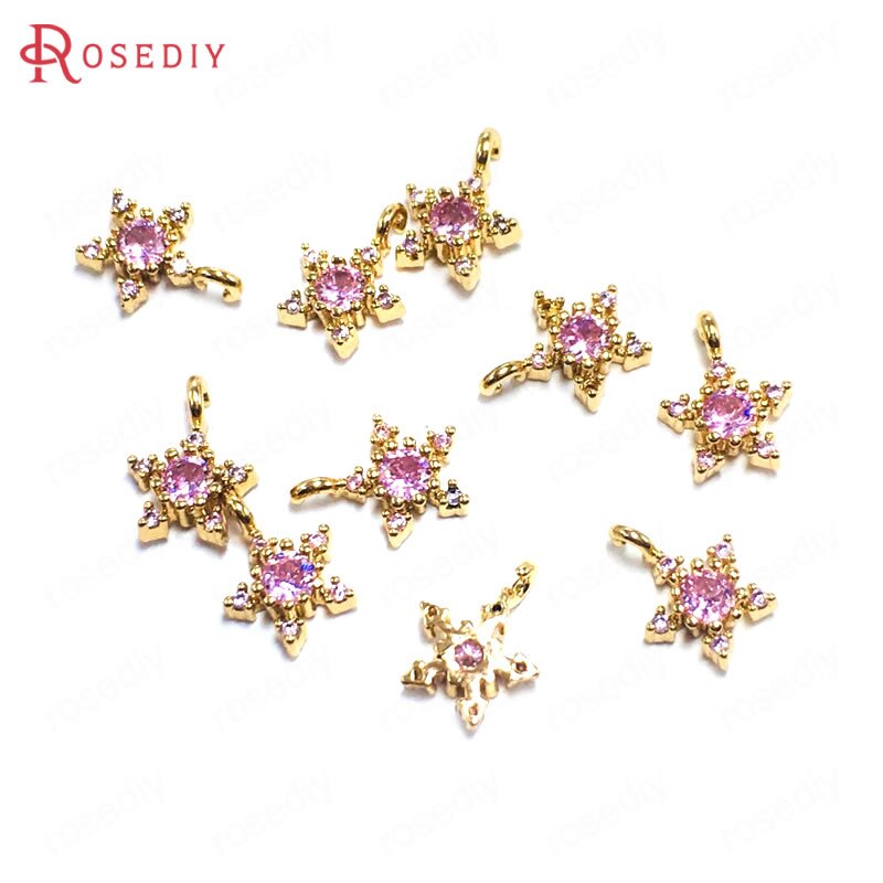 (38768)10Stck 7,5 MM 24K Champagner Gold Farbe Durcheinander und Zirkon Stern Reize Anhänger Schmuck Machen Liefert Diy Zubehör: Rosa