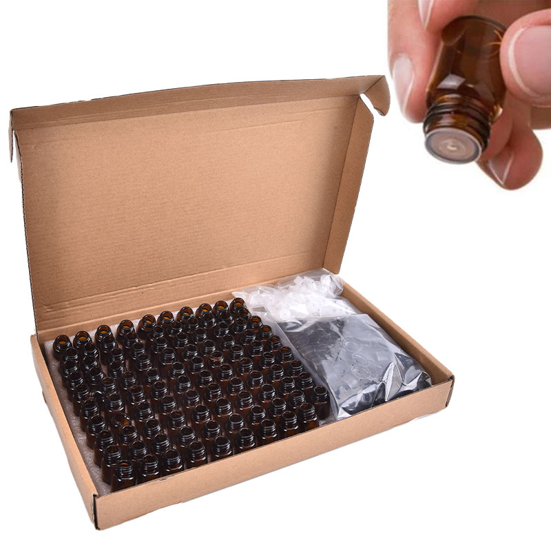 100 Pcs Essential Oil Amber Glass Vial with orifice 1-3ml Sample Dram bottle Thin Glass Small Amber Perfume Sample Test Bottle