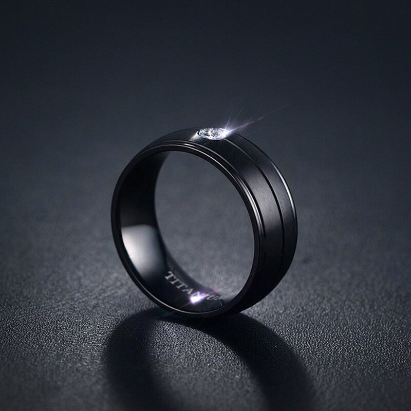 VNOX Men's Punk Pure Titanium Black Ring 8mm Matte Wedding Bands with CZ Stone Titanium Rings Men Jewelry