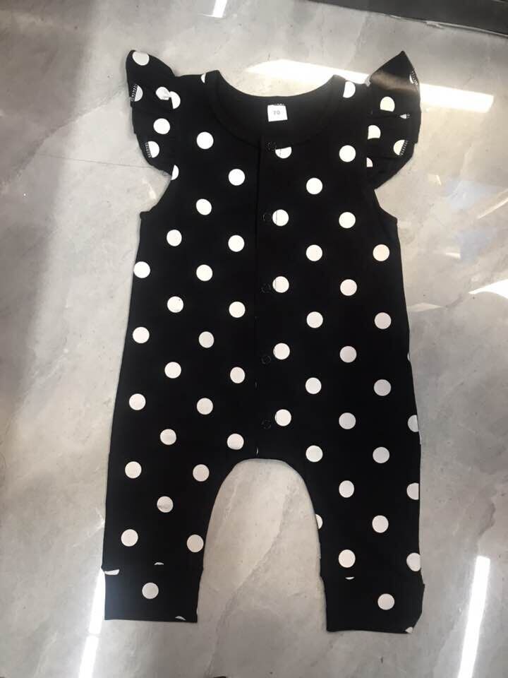 Baby romper til piger, polka dot print rund hals rund halsudskæring bodysuit jumpsuit til børn, sort