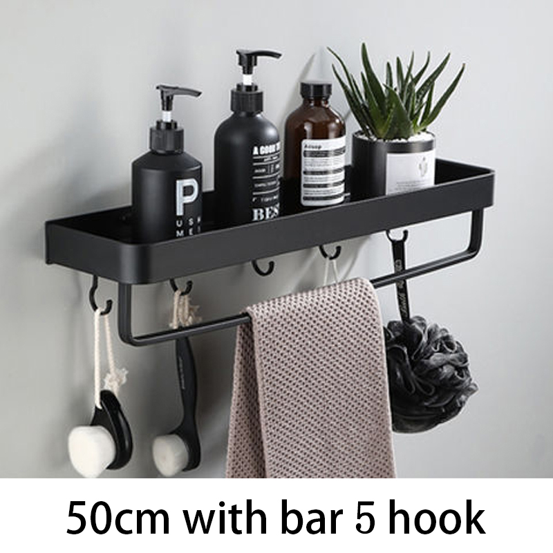 Badkamer Planken Bad Douche Muur Aluminium Zwart Badkamer Plank Gemonteerd Keuken Opslag Houder 30-60Cm: 50cm with bar 5 hook
