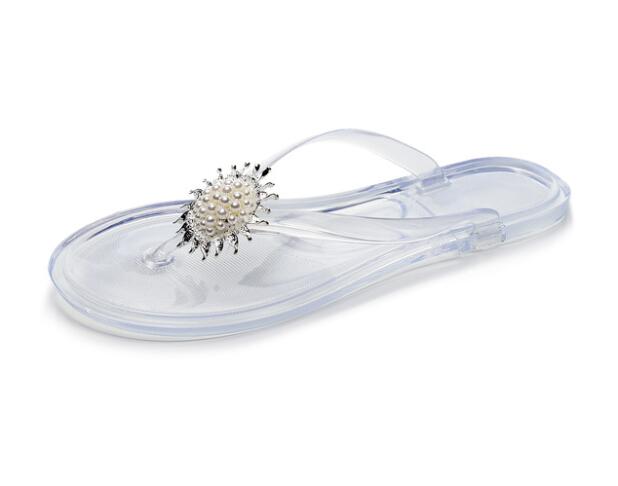 Tongs d'été pour femmes, chaussures en gelée transparentes et claires, pour femmes, chaussures de plage avec fleurs et perles, pantoufles d'extérieur: Clair / 8
