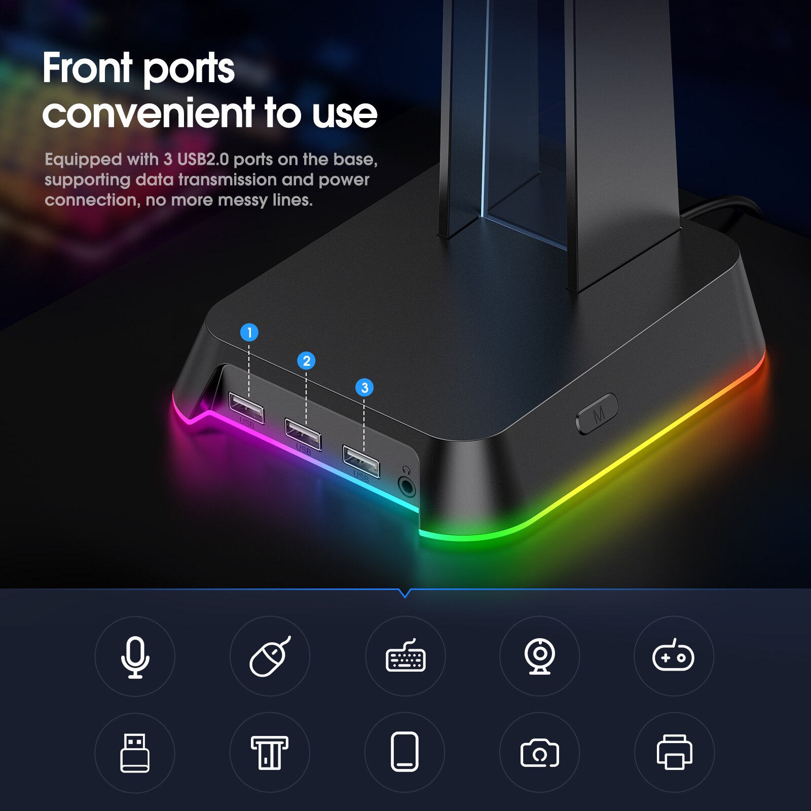 ONIKUMA RGB Gaming Headphone Stand Computer Headset Desktop Display Holder Luminous Logo with 3 USB and 3.5mm AUX Ports