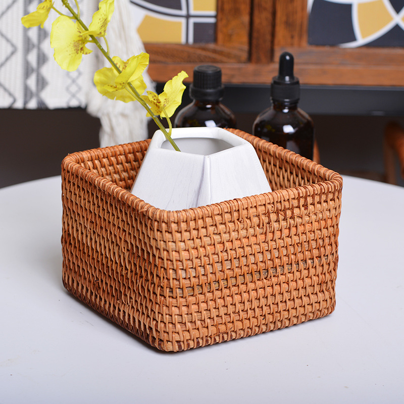 Cesta de mimbre tejida a mano, cestas cuadradas pequeñas y bonitas para almacenamiento de cosméticos, organización del hogar respetuosa con el medio ambiente, 2 piezas