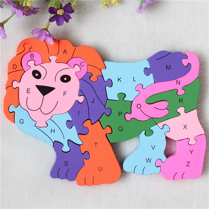 Wooden 3D Jigsaw Educational Toys Animals Elephant Cow Dinosaur Puzzle Wood Toys Kids Numbers Alphabetic Letters Learning Toys: Lion