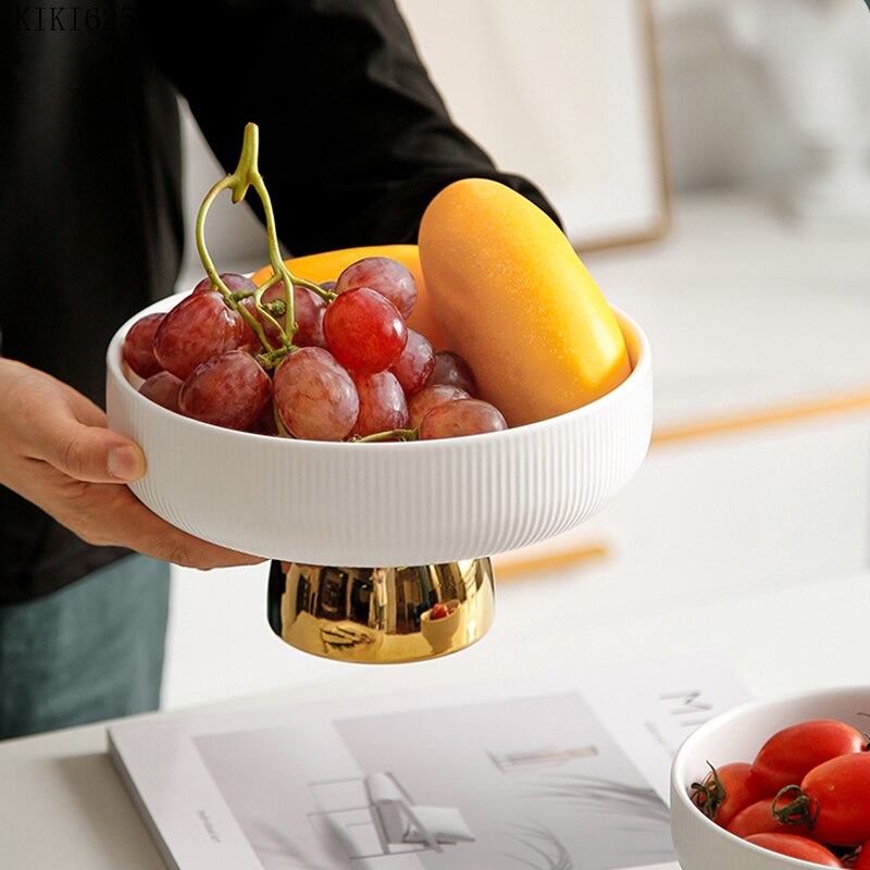 Luxury Ceramic Tall Fruit Snack Tray High-end White Vertical Pattern Candy Jewelry Cosmetics Storage Tray with Golden Base For