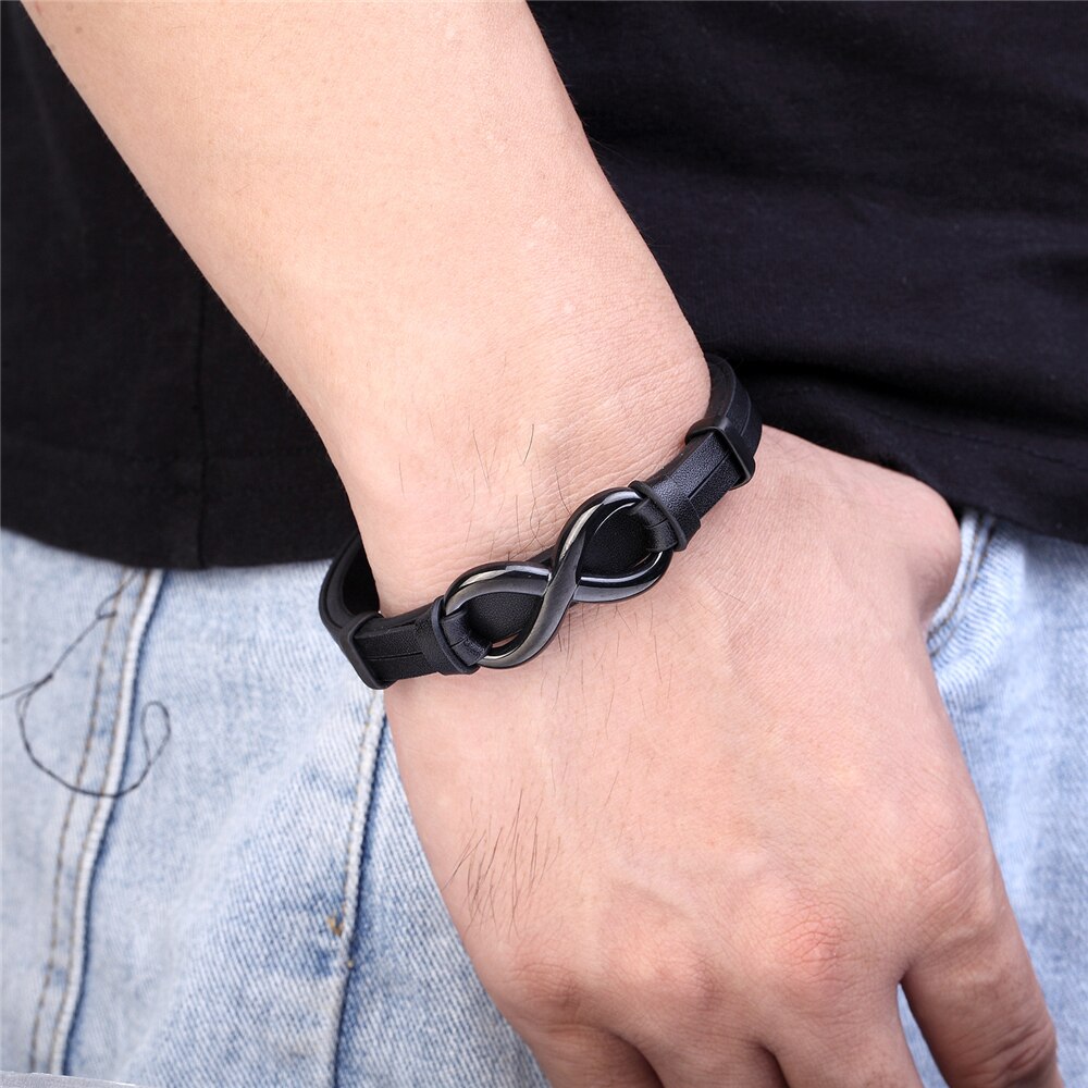 Men Black 8 Words Stainless Steel Leather Bracelet Classic Bangle 19/21/23cm Valentine&#39;s Day For Men Women