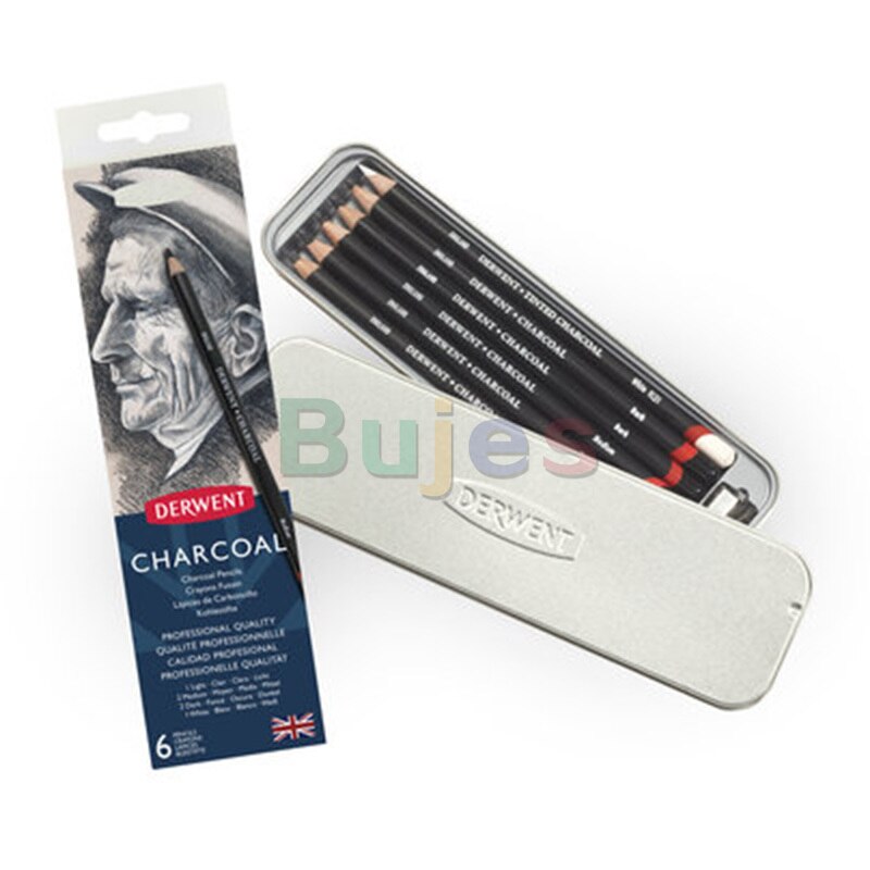 Derwent Houtskool Potloden, Metalen Tin, 6 Count (0700838), Zwart/Wit, Houtskool Potlood, schetsen Potloden