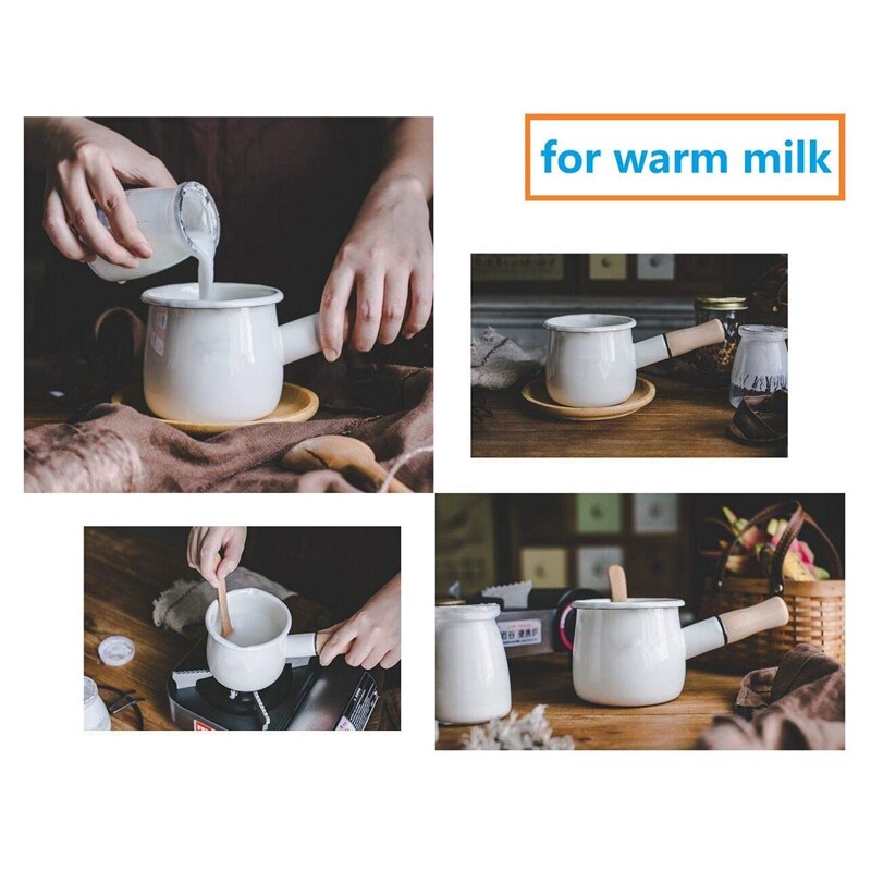Geëmailleerde melkpan, mini boterwarmer 10cm geëmailleerde steelpan pan kookgerei met houten handvat, perfecte maat voor het verwarmen van kleinere l