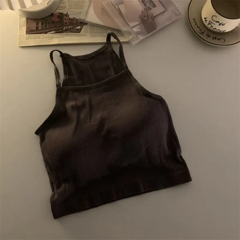 Camisetas sin mangas para mujer versión coreana, Top corto informal liso con almohadilla en el pecho, ropa exterior sin mangas a rayas, camisola básica: Azul cielo