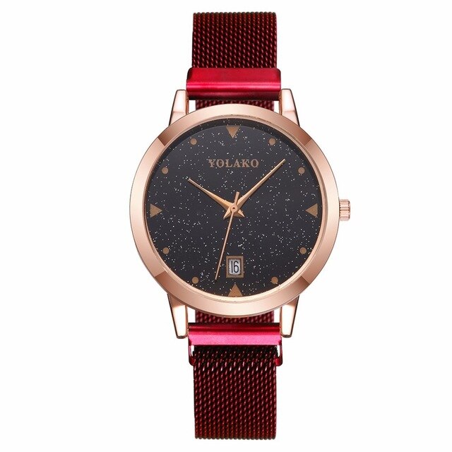 Vrouwen Magneet Gesp Sterrenhemel Horloge Met Kalender Luxe Dames Rvs Quartz Horloge Top Relogio Feminino: Red