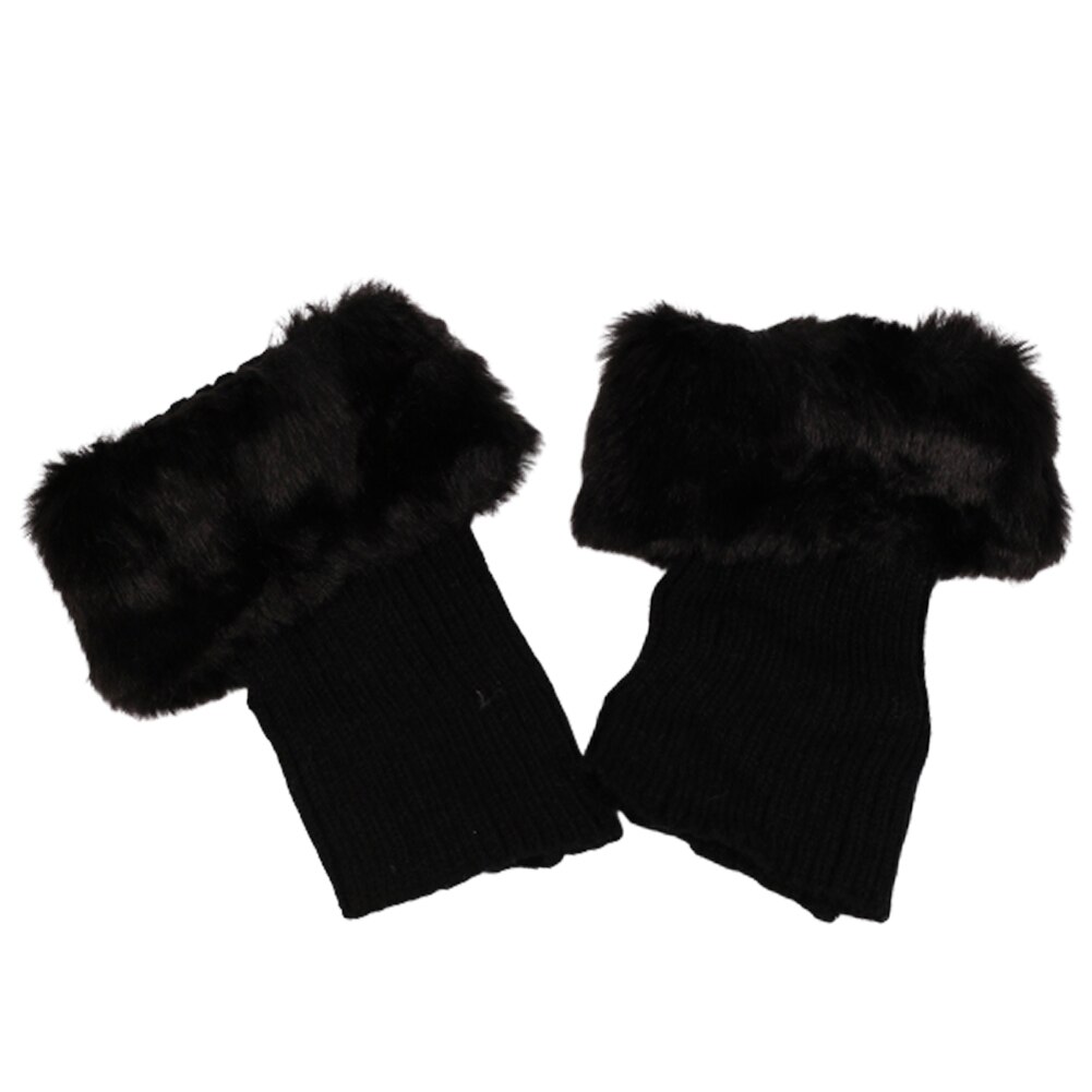 Winter Women Solid Color Faux Fur Cuff Crochet Knit Boots Sock Short Leg Warmers: Black