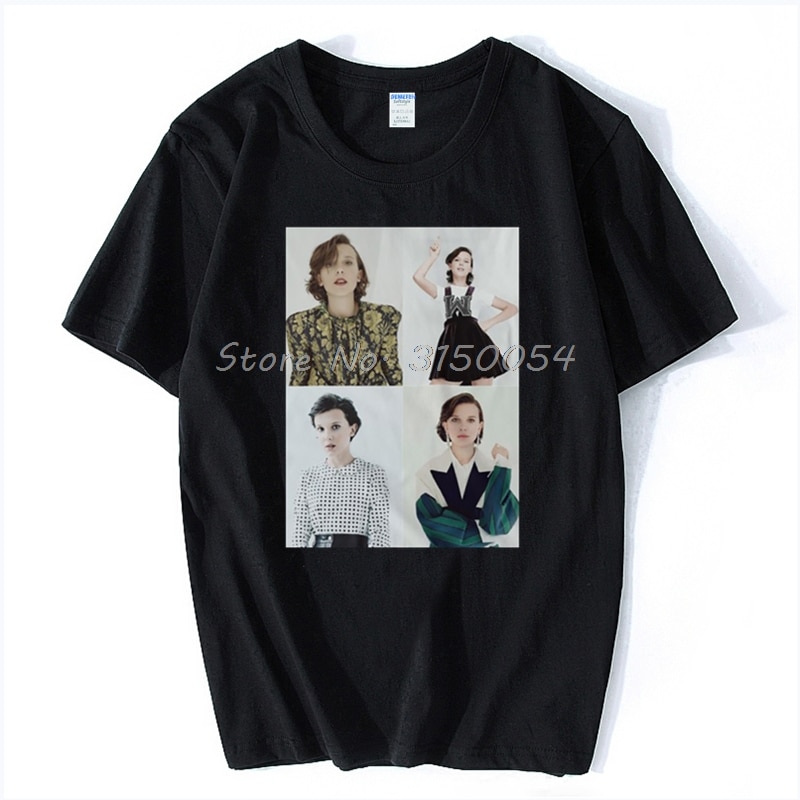 Millie Bobby Brown Collage T Shirt Eleven Millie Bobbie Brown Gaten Matarazzo Mike Wheeler Finn Wolfhard Caleb T-shirt Cotton: Black / S