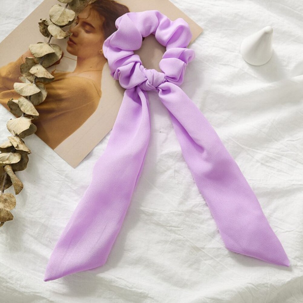 Solid Chiffon Ponytail Scrunchie Hair Ties Elastic Hair Rope for Women Hair Bow Ties Hair Bands Black Red Pink Ribbon Hairbands: Purple