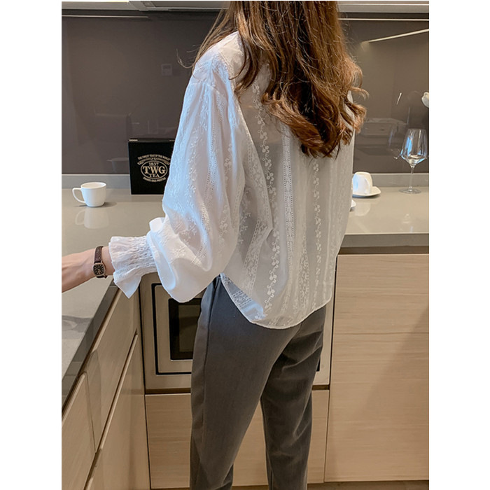 Estilo Vintage de encaje camisa manga hueco blanco Blusa Casual ropa nueva de Tops de encaje de mujer Blusa de mujer blusas