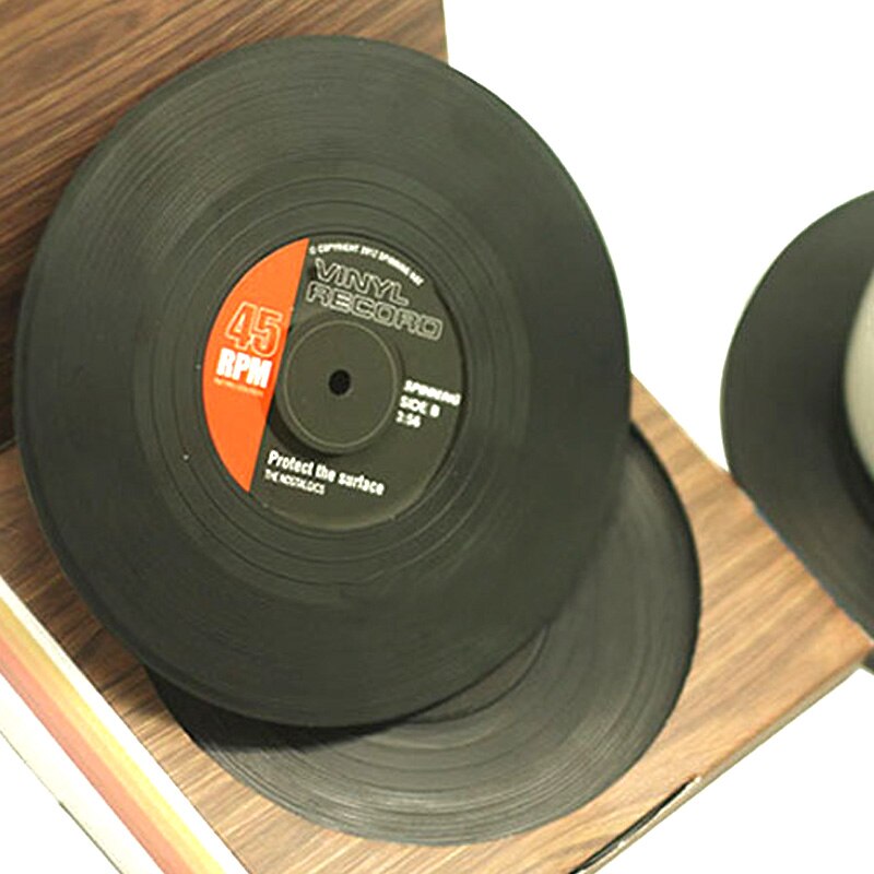 Useber 6 Pcs / Set Vinyl Round Disc Coaster Retro CD Shape Non-slip Insulation Tableware Mats Home Restaurant Bar Be Applicable