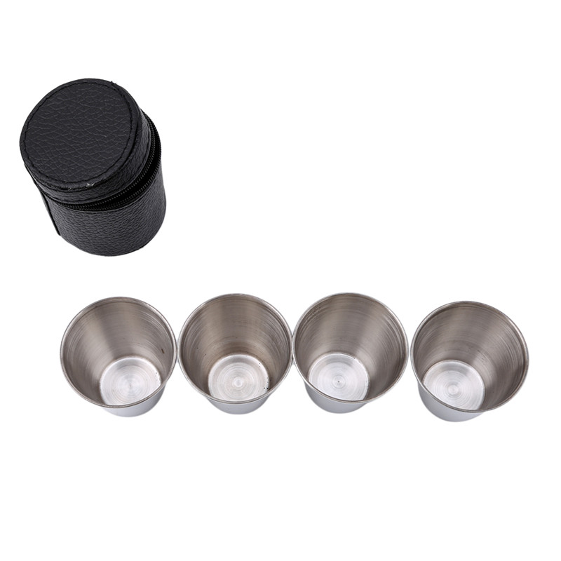 Taza de acero inoxidable para acampada, 4 Uds. De 30ML, 70ML, 180ML, taza para acampar y hacer senderismo, taza de té y café y cerveza con bolsa negra