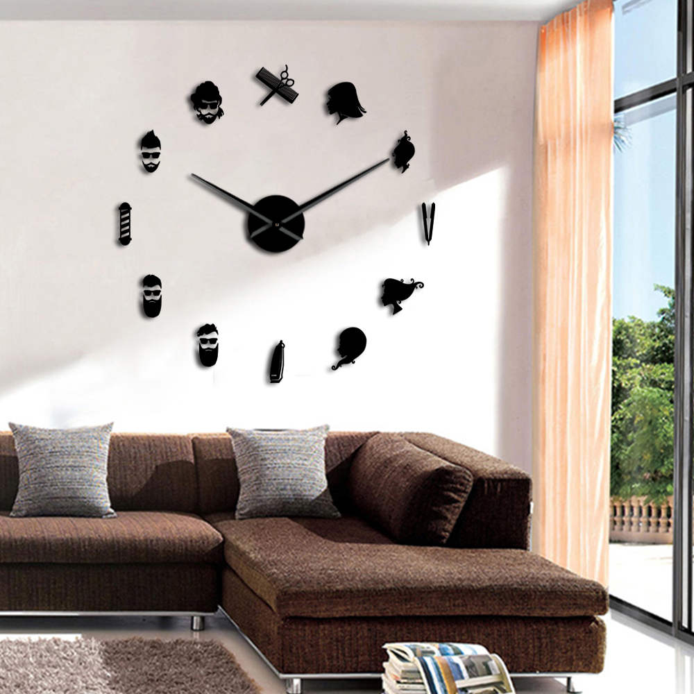 Barber shop 3d diy mute wall clock skønhedssalon wall art decor kæmpe stor nål rammeløst urur med spejleffekt klistermærke: Sort / 47 tommer