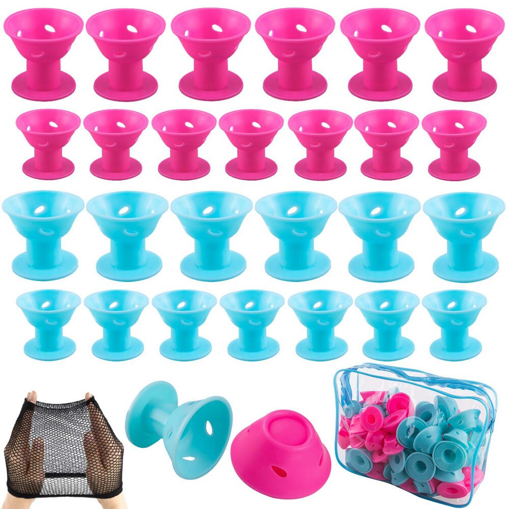 60 Stck Haar Rollen Silikon Blau Rosa Haar Lockenwickler einstellen Weiche Gummi Magie Haar Curler Modeler Heatless Haircurlers