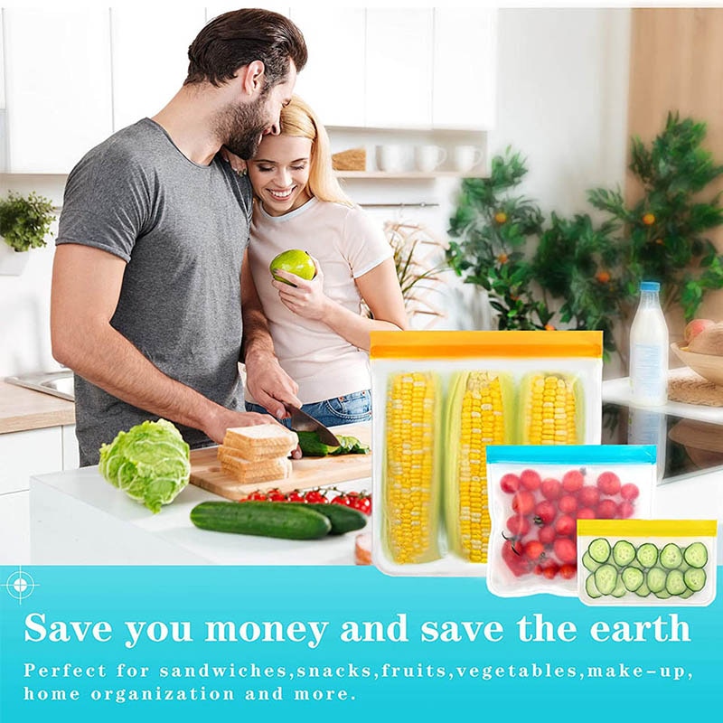 TEENRA 12Pcs/set PEVA Food Storage Bag Container Reusable Food Fresh Bag Ziplock Leakproof Food Bag Kitchen Organizer