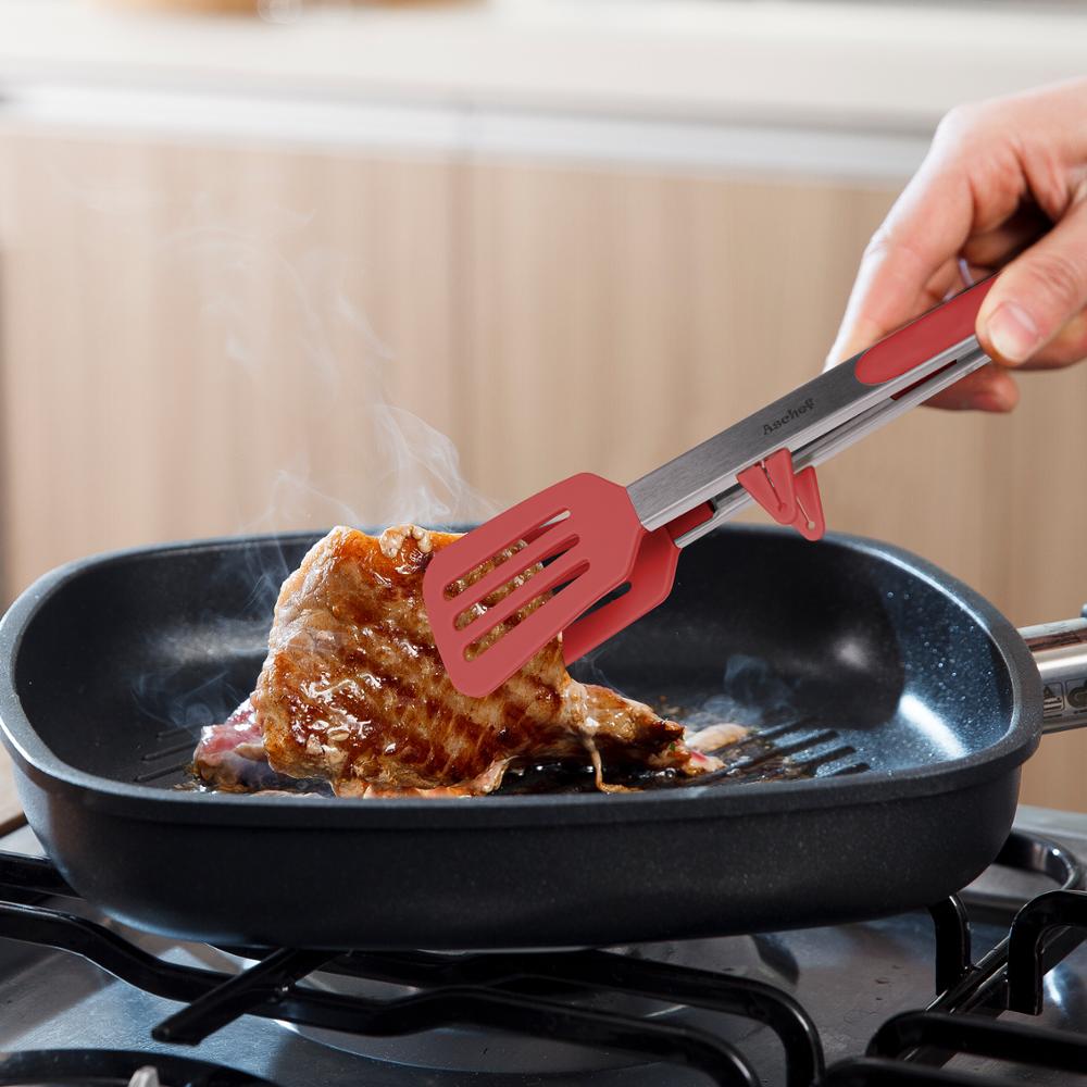 Kitchen Cooking Tongs 12 / 9 inch turner Heat Resistant Stainless Steel with Silicone Stand For Salad Pasta Steak