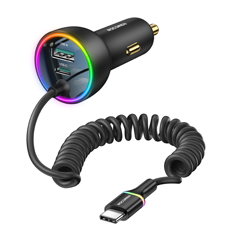 Rocoren 70w usb c carregador de carro com cabo de carregamento de mola tipo c adaptador de carregador rápido de carro para iphone 16 15 xiaomi: Default Title