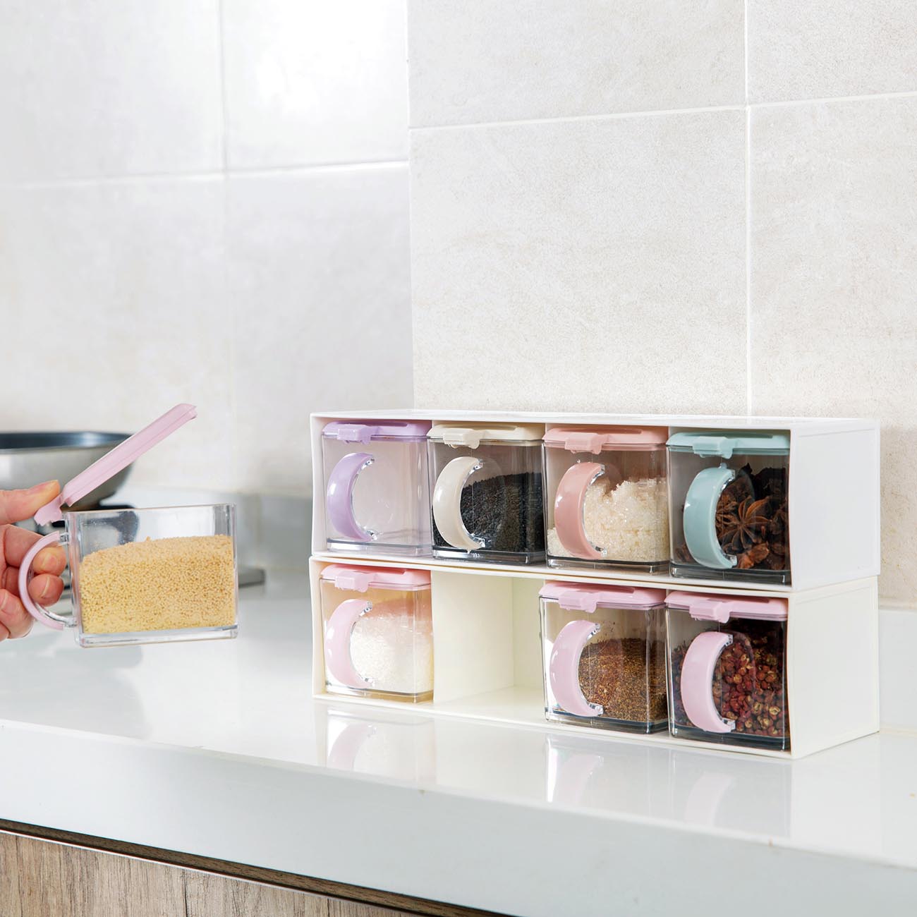 OTHERHOUSE 4Pcs Seasoning Box Jar Spice Rack Salt and Pepper Container Kitchen Spice Jars Boxes Cruet Seasoning Bottles Pot BBQ