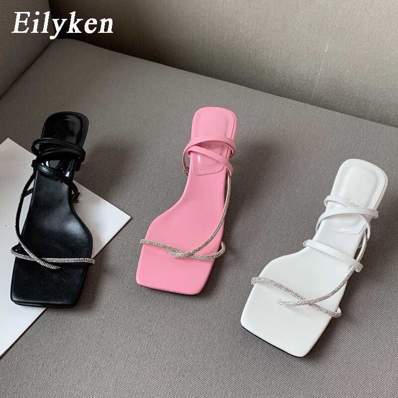 Eilyken Summer Clip Toe Buckle Strap Women Sandals 2022 Crystal Diamond Narrow Band Thin Medium Heels Flip Flops Shoes