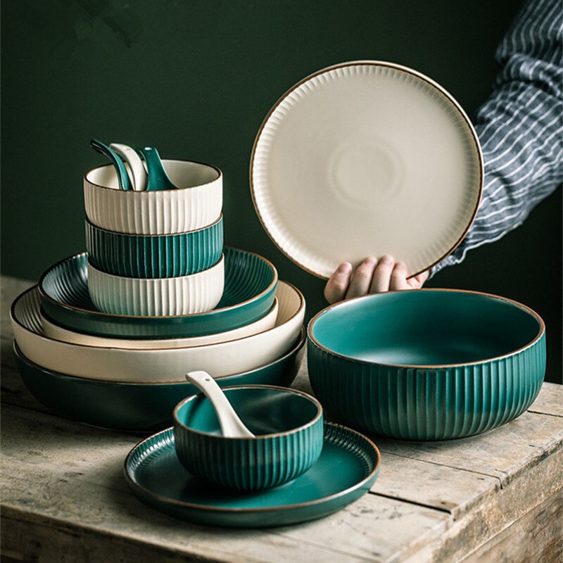 Green And Beige Matte Ceramic Steak Food Plate Nordic Style Tableware Bowl Ins Dinner Dish High End Porcelain Dinnerware