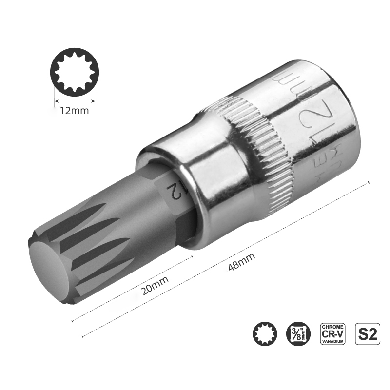 1PC 3/8" Drive S2 Alloy Spline Screwdriver Bits 12 Point MM Spline Socket Bit M8 M10 M12: Gold