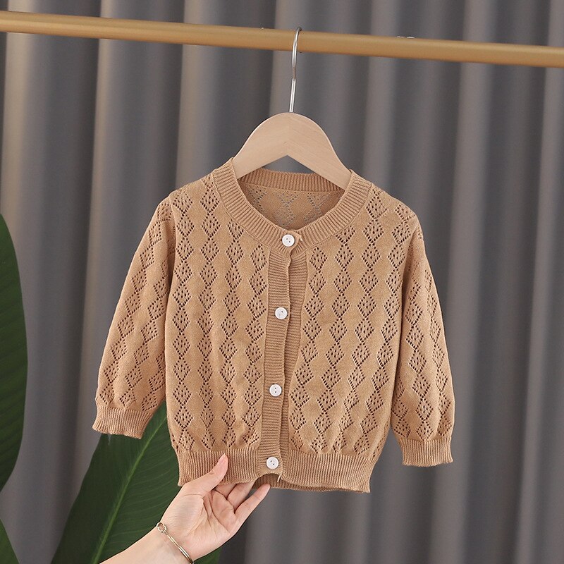 Cárdigan para bebés y niños, suéter ahuecado de Color sólido, para primavera y otoño, DT162: camel / 2T
