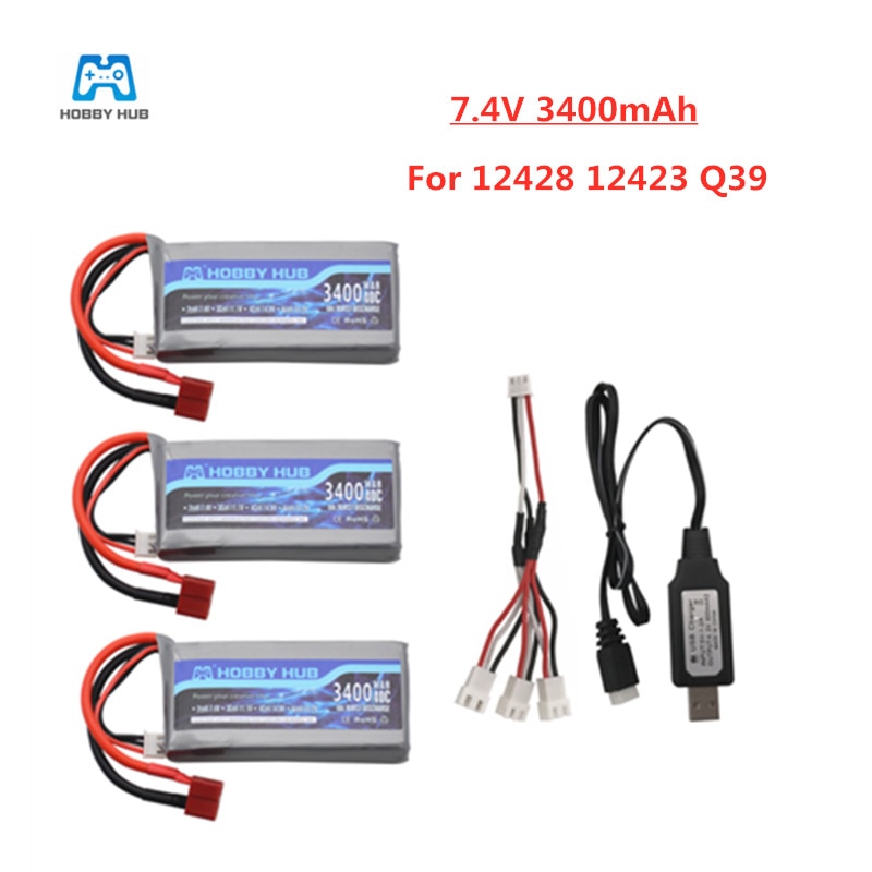 7.4v 3400mah Lipo Battery For Wltoys 12428 12423 RC Four-wheel RC Vehicle Car 2700mAh 7.4v Battery Feiyue 03 Q39 RC Part charger