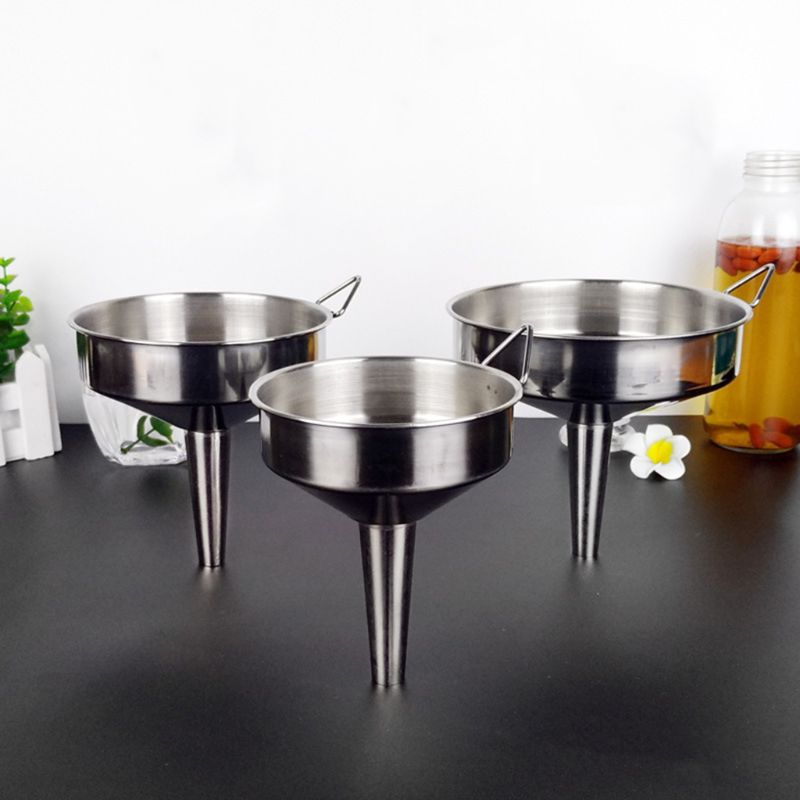 D08D Practical Stainless Steel Wide Mouth Fill Liquid Wine Oil Honey Funnel Kitchen Home Hanging Tools