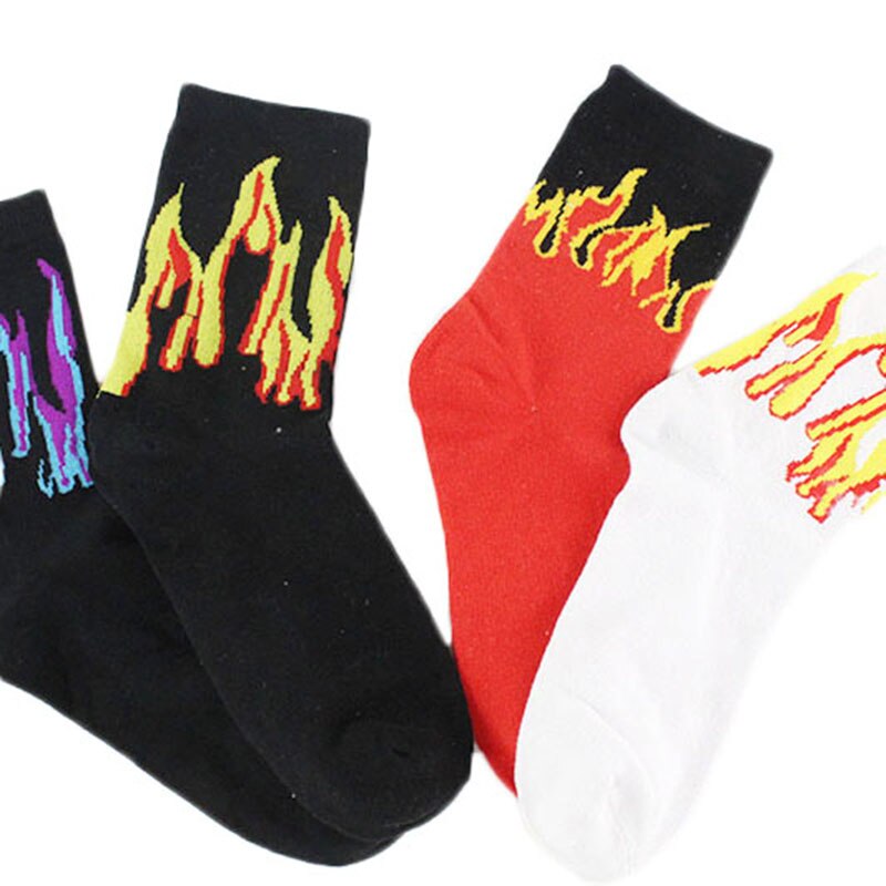 Men Hip Hop Red Yellow Flame Crew Socks Lifelike Jacquard Fire Socks Classic Street Skateboard Cotton Long Unisex Socks