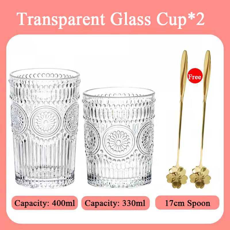 400ml Transparent Glass Water Cup Household Simple Fresh Style Wine Glass Retro Carved Drinking Juice Milk Coffee Beer Glass Cup: 330ML 400ML Spoon