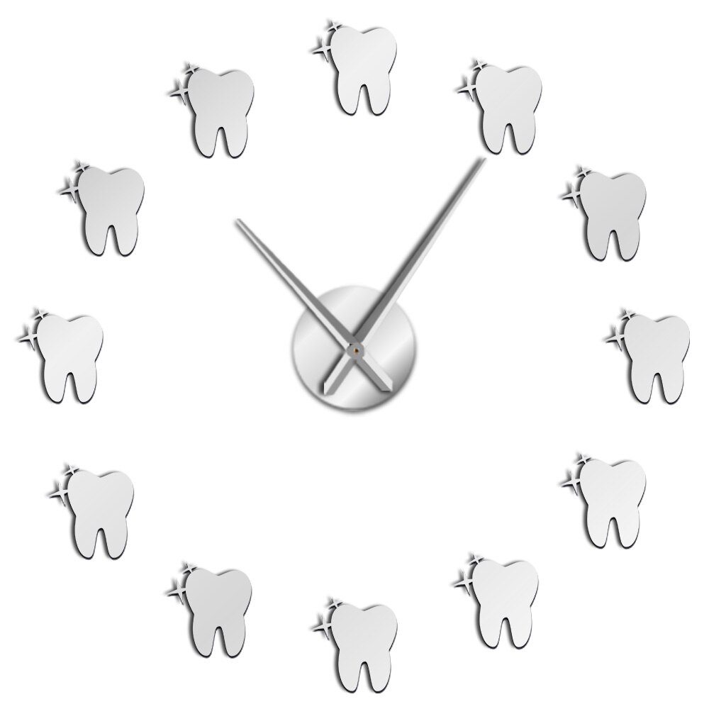 Tooth Mirror 3D DIY Wall Clock Watch Teeth Male Or Female Or Hygienist Sign Dental Office Wall Decorative: Silver / 12  inch