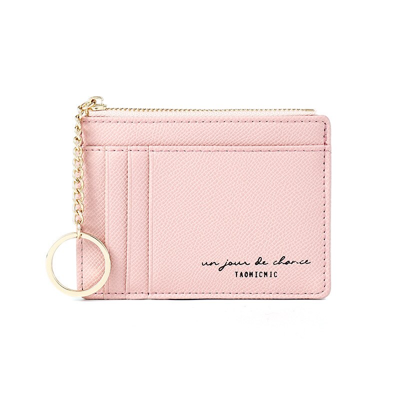 Brand Soft Leather Mini Women Card Holder Cute Credit ID Card Holders Zipper Slim Wallet Case Change Coin Purse Keychain: Pink