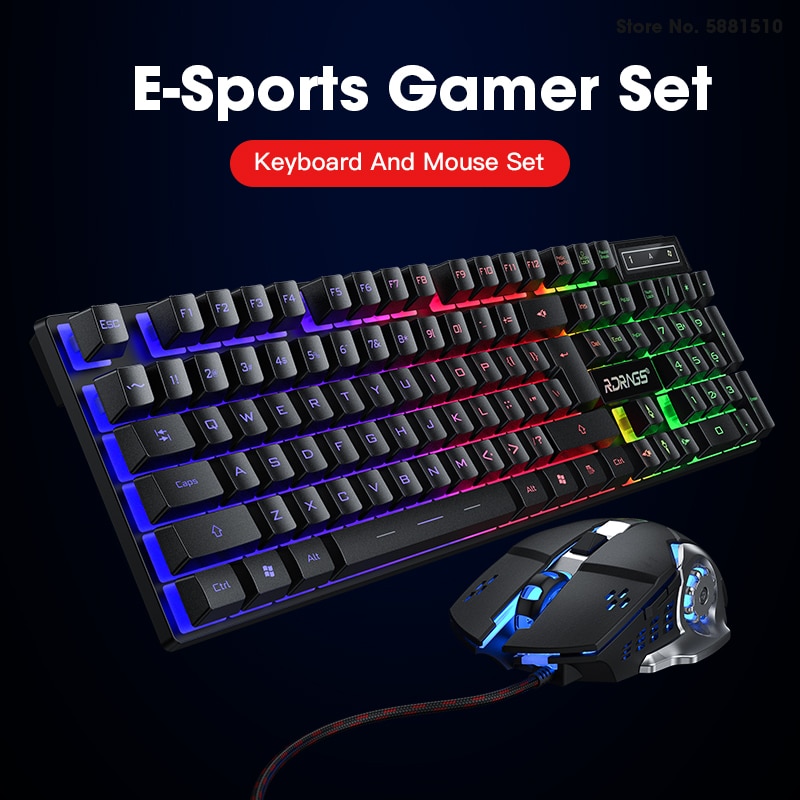 Wired Gaming Keyboard Mouse Gamer Kit PC Gamer Mechanical Feel Keyboards Rainbow Backlight Computer Backlit 104 Keys Keycaps Set