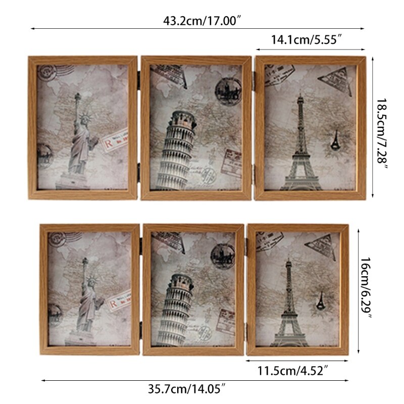 Retro double-sided triple-fold composite photo frame Hinged Picture Frame with Glass Front Made to Display Stands Verti
